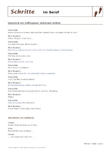 Sich krank melden - Transkripte zur Hördatei*