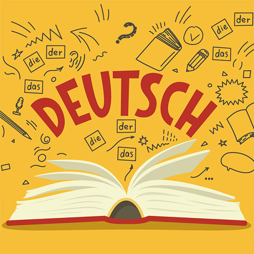 Illustration mit einem aufgeschlagenen Buch und dem Schriftzug DEUTSCH darüber. 