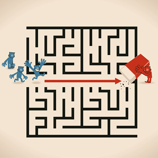 Illustration eines Labyrinths. Eine Figur radiert anderen Figuren den direkten Weg frei.