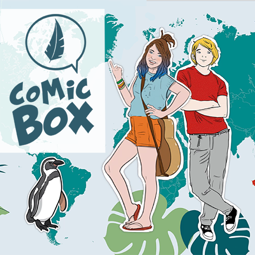 Abbildung der Comic-Box Charaktere und des Logos