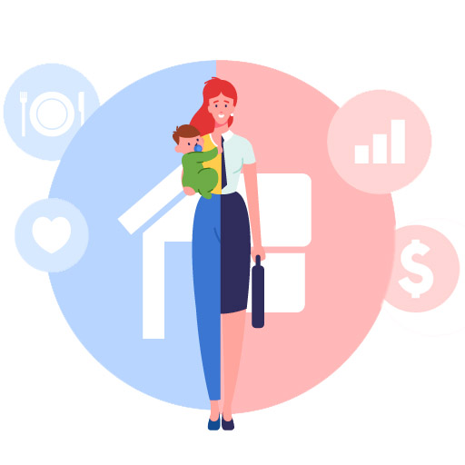 Illustration einer Frau, aufgeteilt in Mutter und Geschäftsfrau