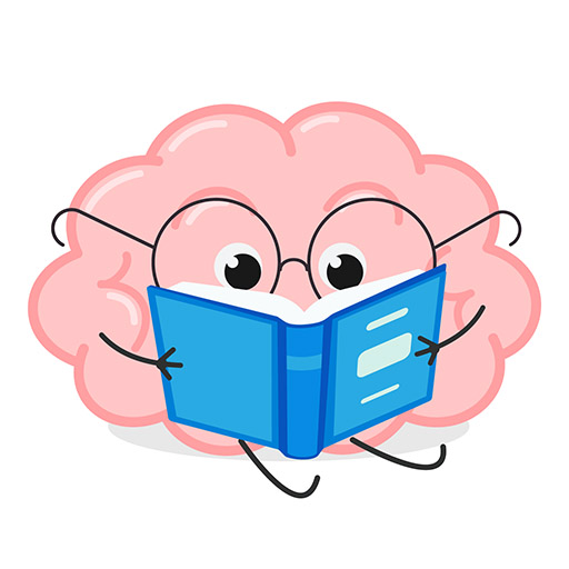 Illustration eines Gehirns mit Brille, das ein Buch liest.