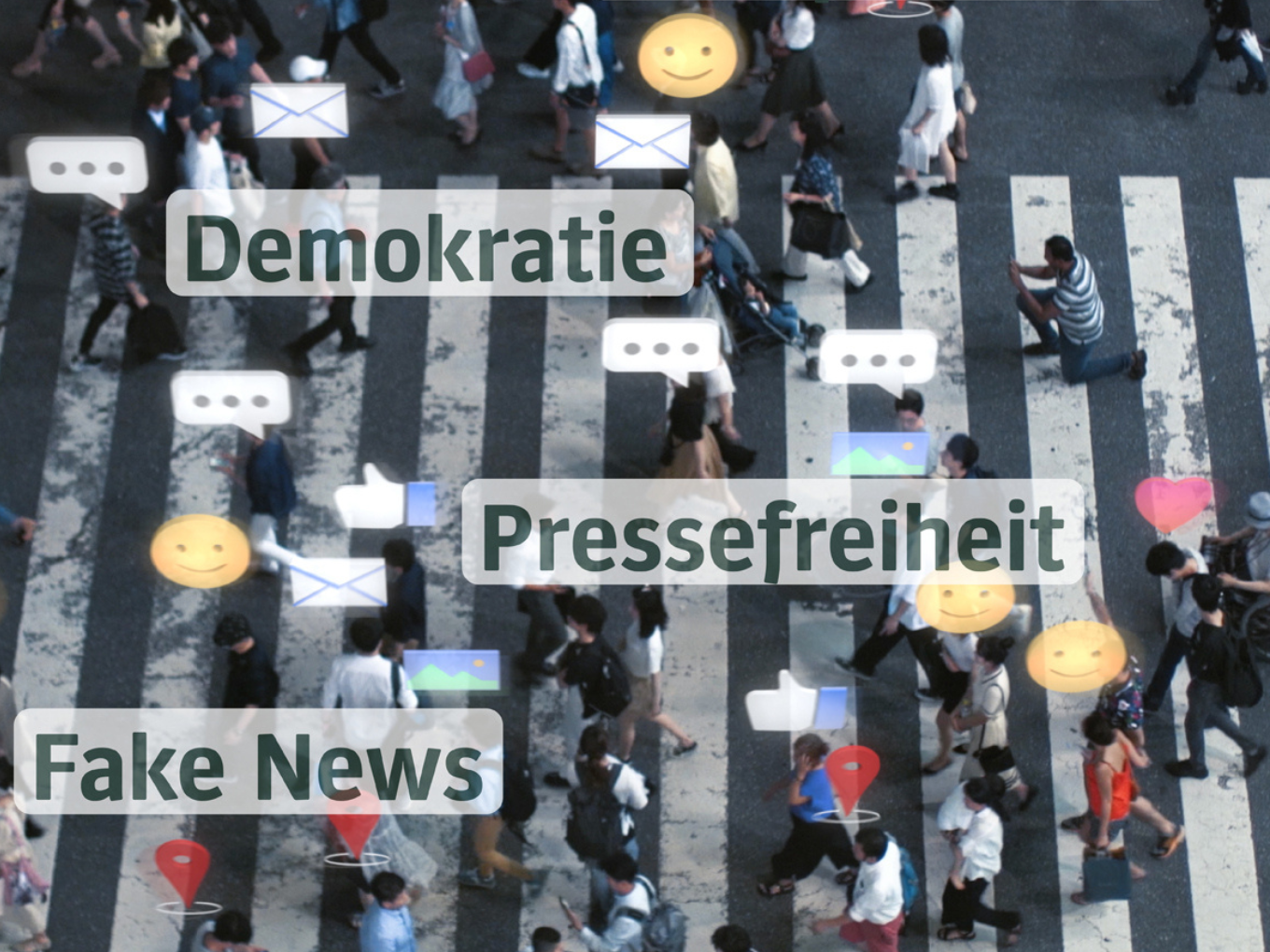 Menschen mit Handy in der Hand laufeb über einen Zebtrastreifen. Man sieht Sprechblasen mit den Wörterm: Fake News, Demokratie und Pressefreiheit.